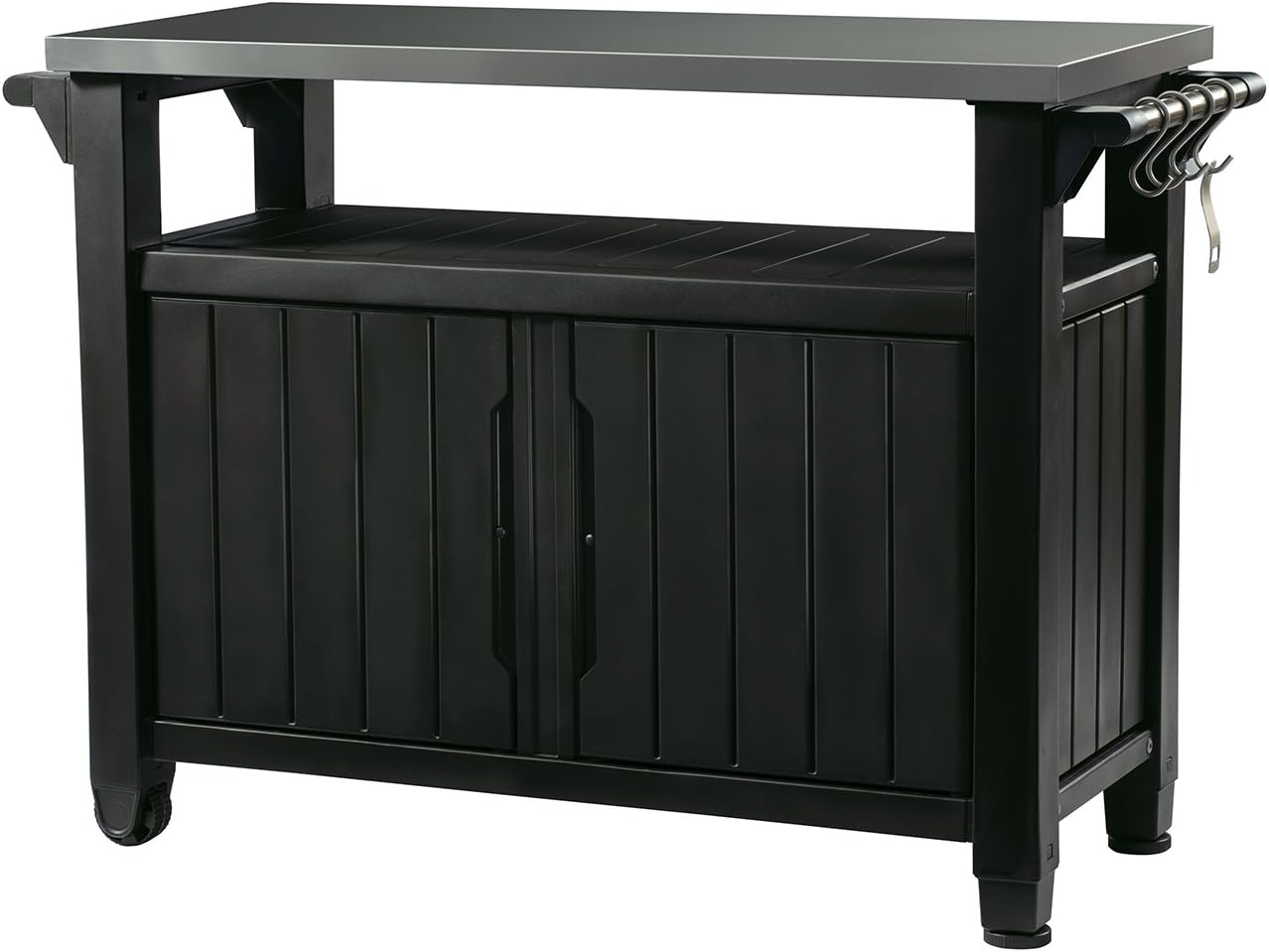 XL Portable Outdoor Table with Stainless Steel Top for Kitchen Prep and Outdoor Storage Cabinet for Grilling Accessories, Dark Grey