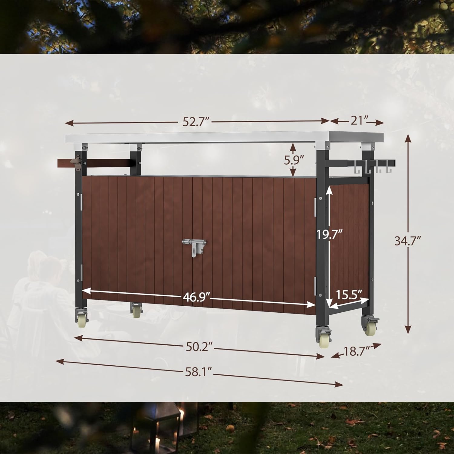 Grill Cart with Storage Outdoor, Rolling Bar Serving Cart with Wheels, Movable Food BBQ Prep Table Pizza Oven Stand with Stainless Steel Top & Wooden Storage Cabinet, Kitchen Island Cart