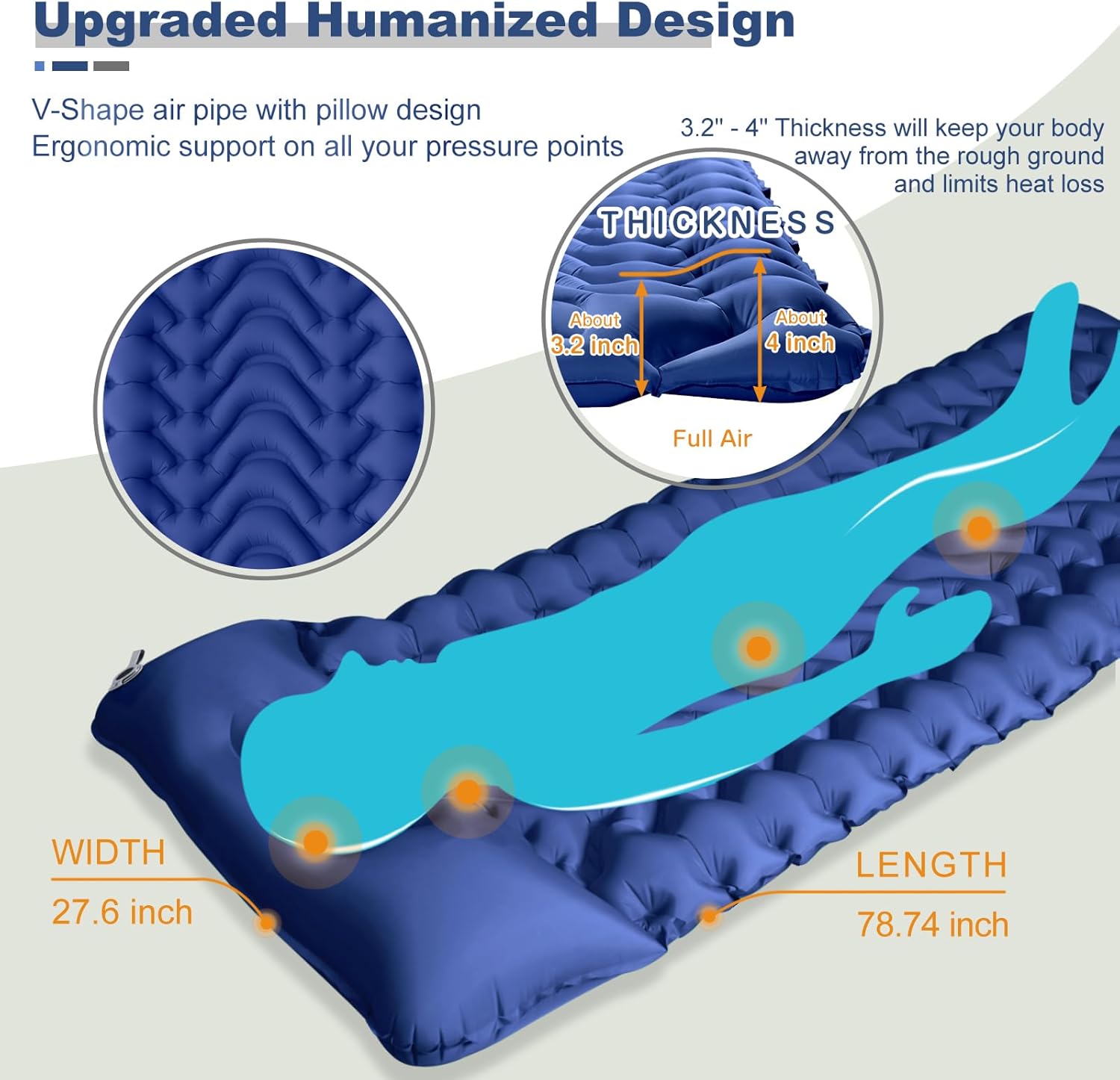 Sleeping Pad, Extra Thickness 4 Inch Inflatable Camping Sleeping Mat with Pillow Built-in Foot Press, Compact Ultralight Camping Air Mattress for Backpacking, Hiking, Tent