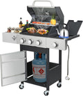 3-Burner Propane Gas Grill with Side Burner & Porcelain-Enameled Cast Iron Grates, 37230 BTU Output Stainless Steel BBQ Grill for Outdoor Camping Barbecue for Patio, Garden, Backyard