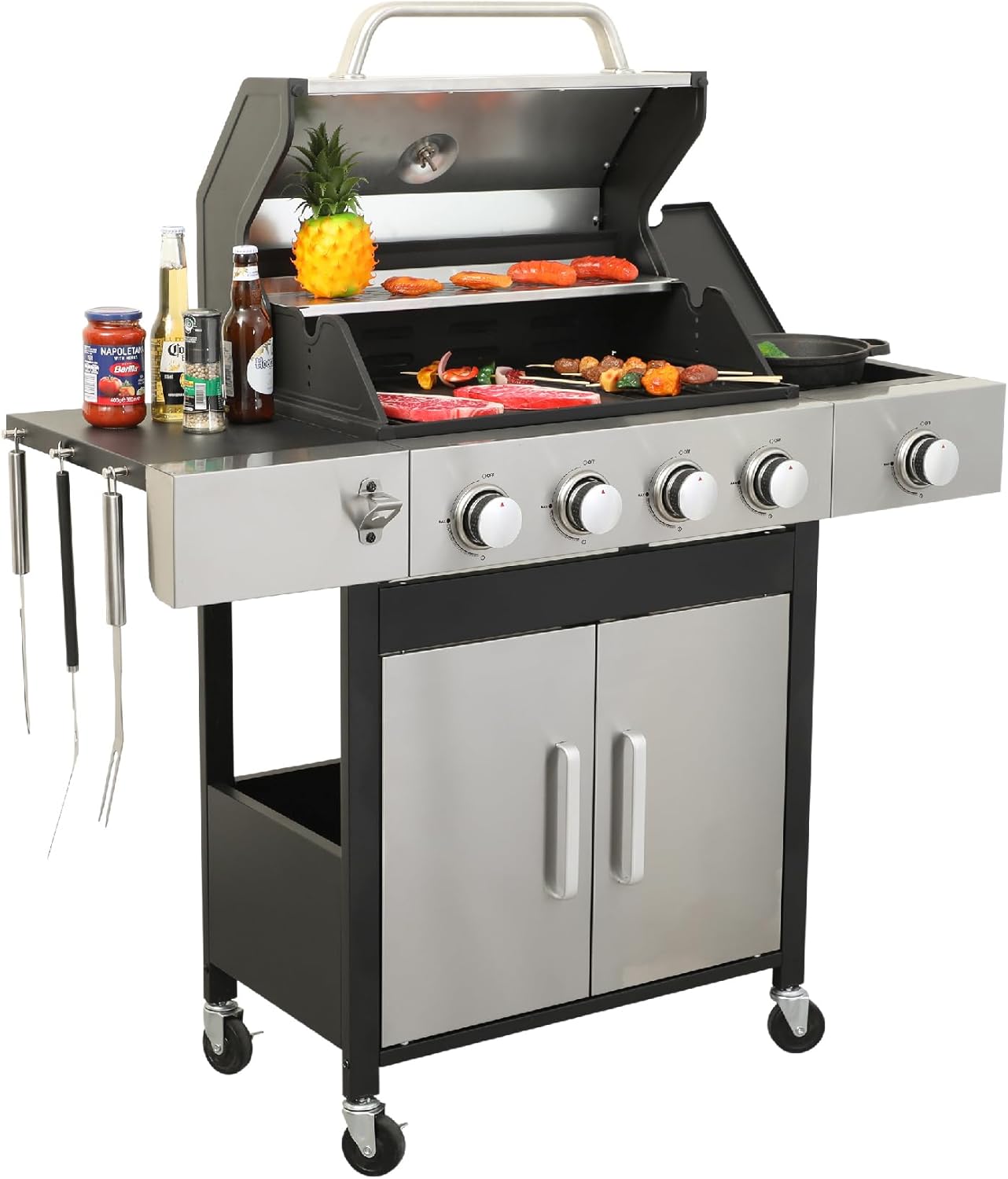 4 Burner Propane Gas Grill with Side Burner & Porcelain-Enameled Cast Iron Grates & Grids, 46790BTU Output Stainless Steel BBQ Grill for Outdoor Cooking Camping Barbecue Grill for Patio