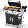 4 Burner BBQ Propane Gas Grill with Cast Iron Grates, 42,000 BTU Stainless Steel Burner Barbecue Grill for Patio,Camping,Outdoor Cooking