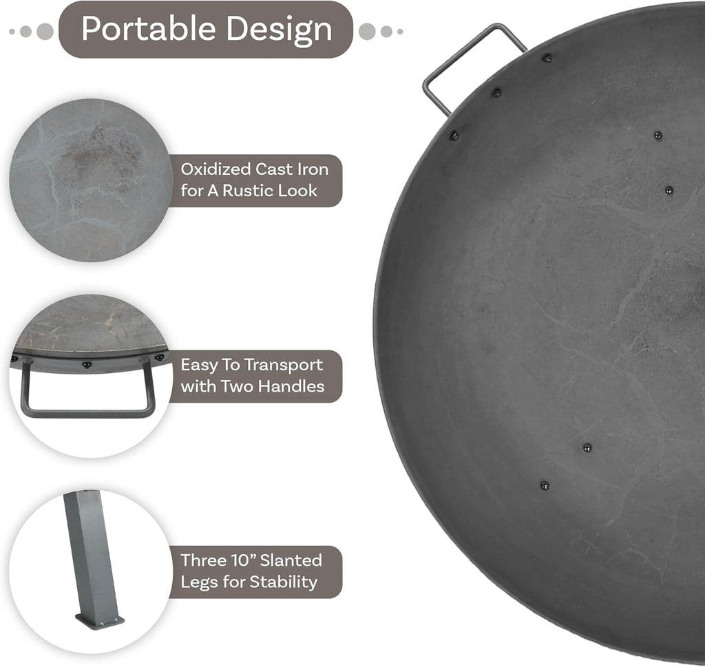 34-Inch Rustic Cast Iron Outdoor Raised Fire Pit Bowl with Handles - Steel Finish