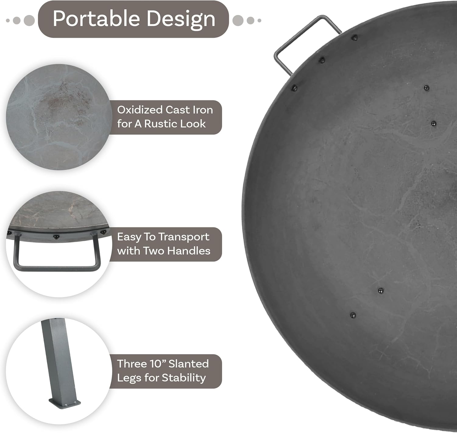 34-Inch Rustic Cast Iron Outdoor Raised Fire Pit Bowl with Handles - Steel Finish