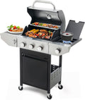 3 Burner Propane Gas Grill with Side Burner, Stainless Steel BBQ Grill 38,500 BTU for Outdoor Cooking Kitchen, Garden and Patio Backyard Barbecue, Black and Silver