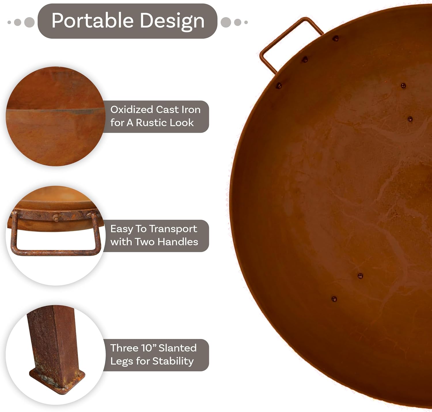 34-Inch Rustic Cast Iron Outdoor Raised Fire Pit Bowl with Handles - Oxidized Finish