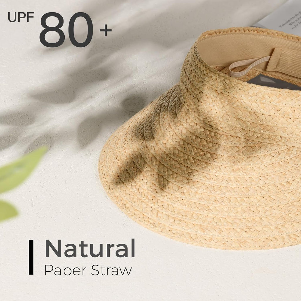 Sun Visor Hats for Women Wide Brim Straw Visors Womens Foldable Beach Visors Summer Packable Ponytail Beach Hat