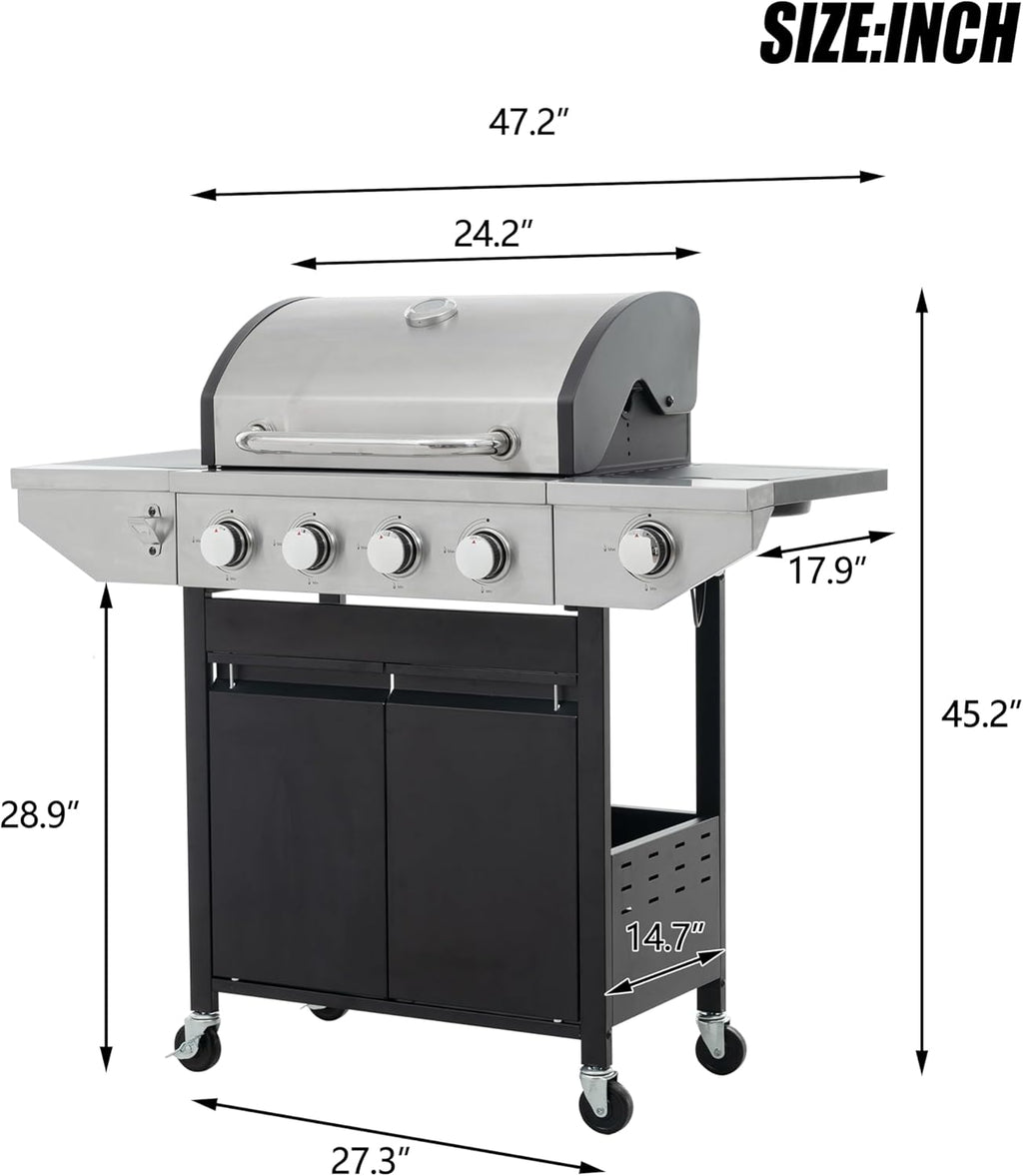 4 Burner Propane Gas Grill with Side Burner & Enameled Cast Iron Grates, 46,500BTU Output Stainless Steel BBQ Grill, Outdoor Cooking Camping Barbecue Grill for Patio, Garden, Backyard