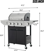 4 Burner Propane Gas Grill with Side Burner & Enameled Cast Iron Grates, 46,500BTU Output Stainless Steel BBQ Grill, Outdoor Cooking Camping Barbecue Grill for Patio, Garden, Backyard