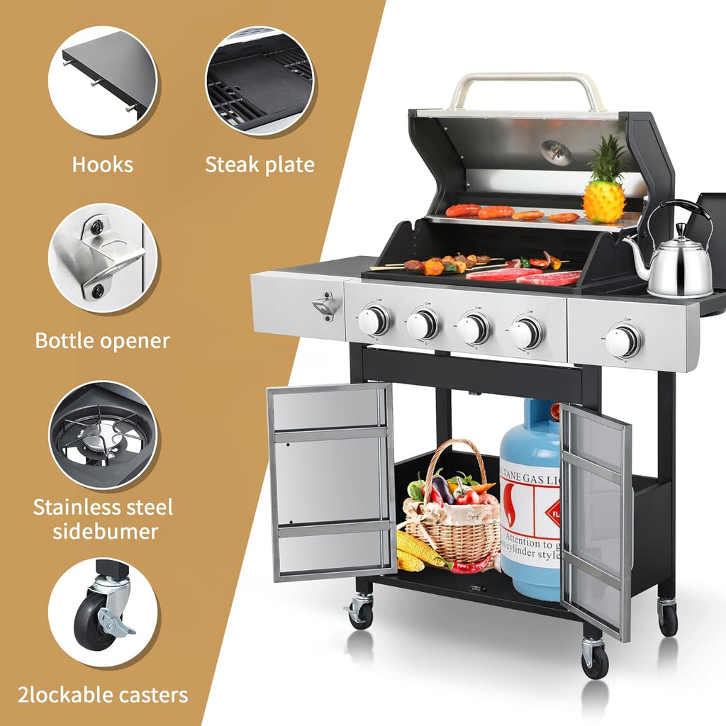 4 Burner Propane Gas Grill with Side Burner & Porcelain-Enameled Cast Iron Grates & Grids, 46790BTU Output Stainless Steel BBQ Grill for Outdoor Cooking Camping Barbecue Grill for Patio