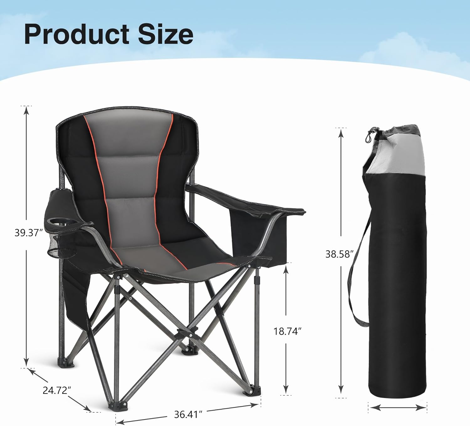 Oversized Portable Camping Folding Chair, Heavy Duty Foldable Outdoor Chair, Camp Lawn Chair for Adults with Cup Holder and Cooler Bag Support 450 LBS, Black