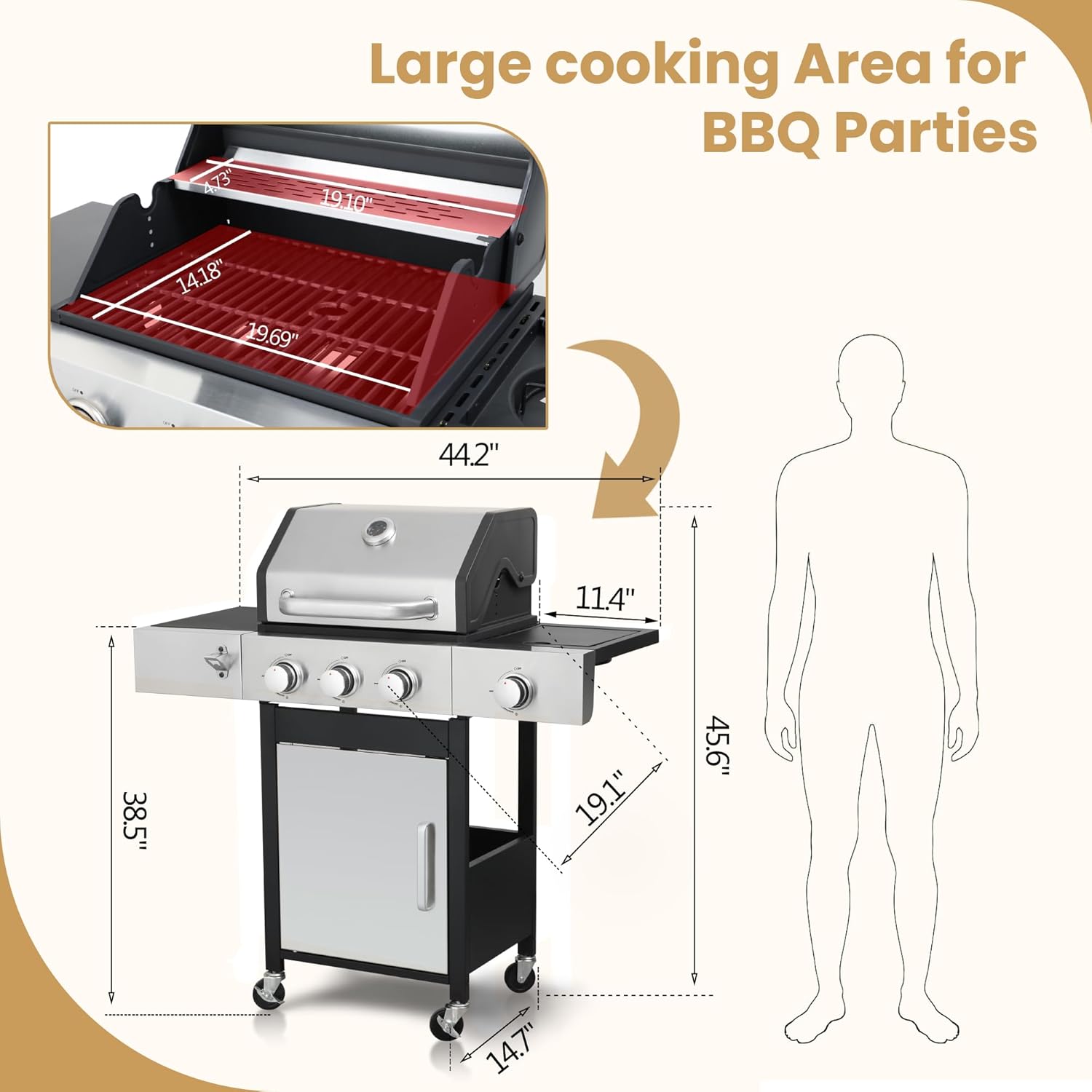 3-Burner Propane Gas Grill with Side Burner & Porcelain-Enameled Cast Iron Grates, 37230 BTU Output Stainless Steel BBQ Grill for Outdoor Camping Barbecue for Patio, Garden, Backyard
