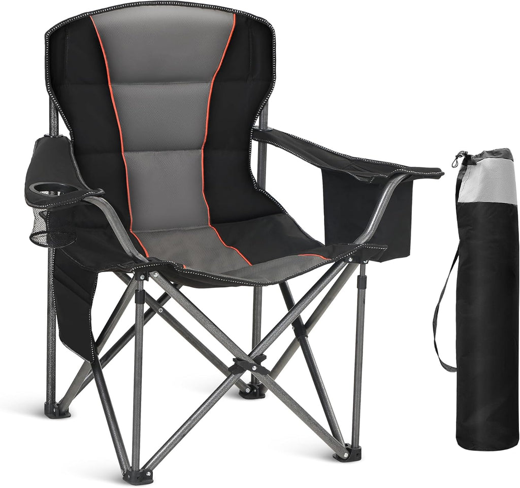 Oversized Portable Camping Folding Chair, Heavy Duty Foldable Outdoor Chair, Camp Lawn Chair for Adults with Cup Holder and Cooler Bag Support 450 LBS, Black