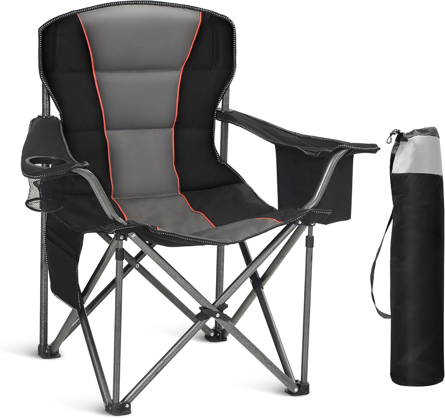 Oversized Portable Camping Folding Chair, Heavy Duty Foldable Outdoor Chair, Camp Lawn Chair for Adults with Cup Holder and Cooler Bag Support 450 LBS, Black