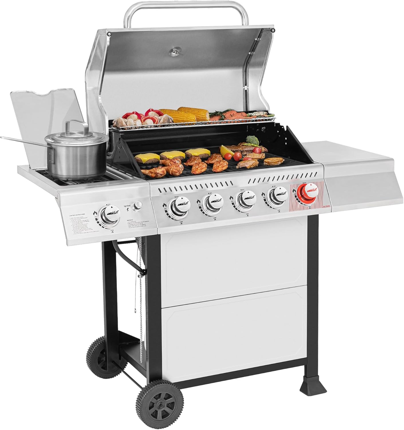 5-Burner Propane Gas Grill with Sear Burner and Side Burner, Stainless Steel BBQ Grill with 632 Sq. In. Grilling Area for Outdoor Barbecue Cooking, 64,000 BTUs, Silver