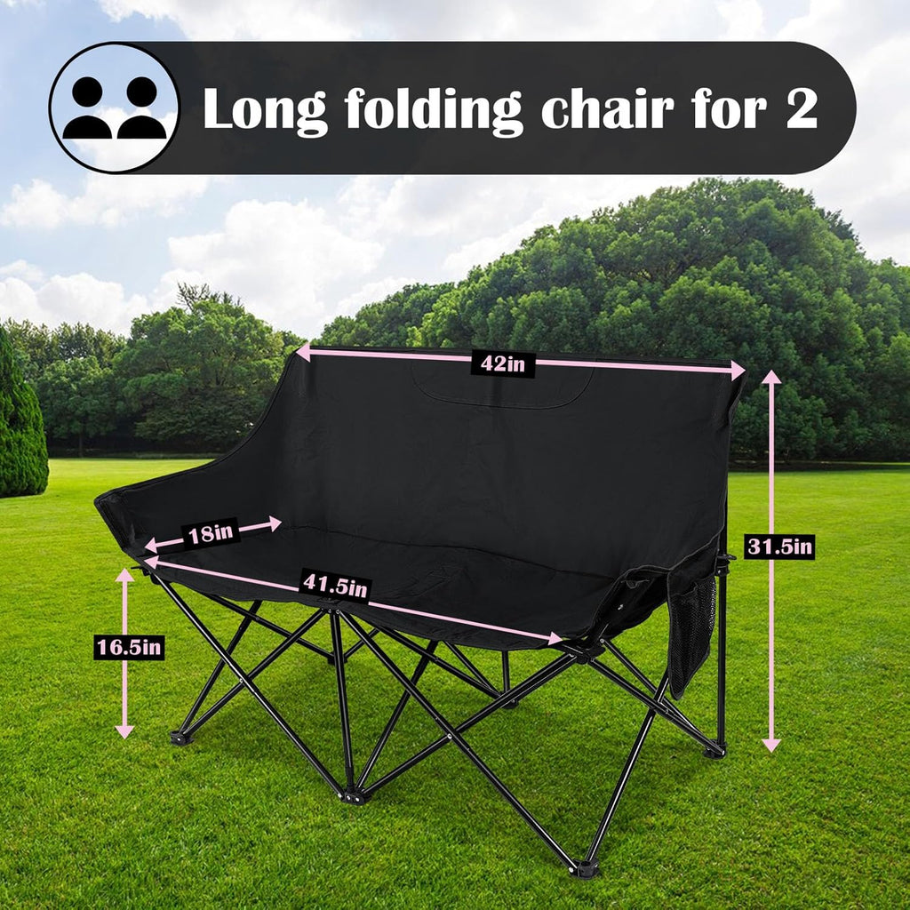 Folding Camping Chair, Portable Double Outdoor Loveseat for 2 Adults Person, Durable Foldable Collapsible Chairs for Camp Patio Picnic Beach Travel, Support 600Lbs, for Women & Men, Black