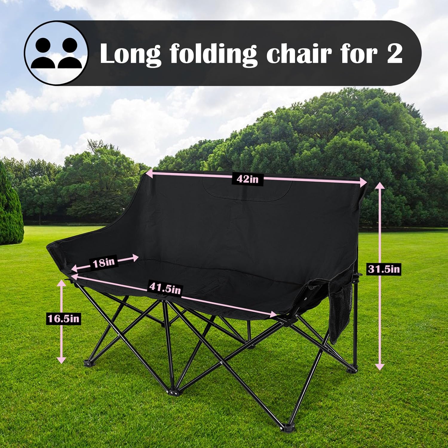 Folding Camping Chair, Portable Double Outdoor Loveseat for 2 Adults Person, Durable Foldable Collapsible Chairs for Camp Patio Picnic Beach Travel, Support 600Lbs, for Women & Men, Black