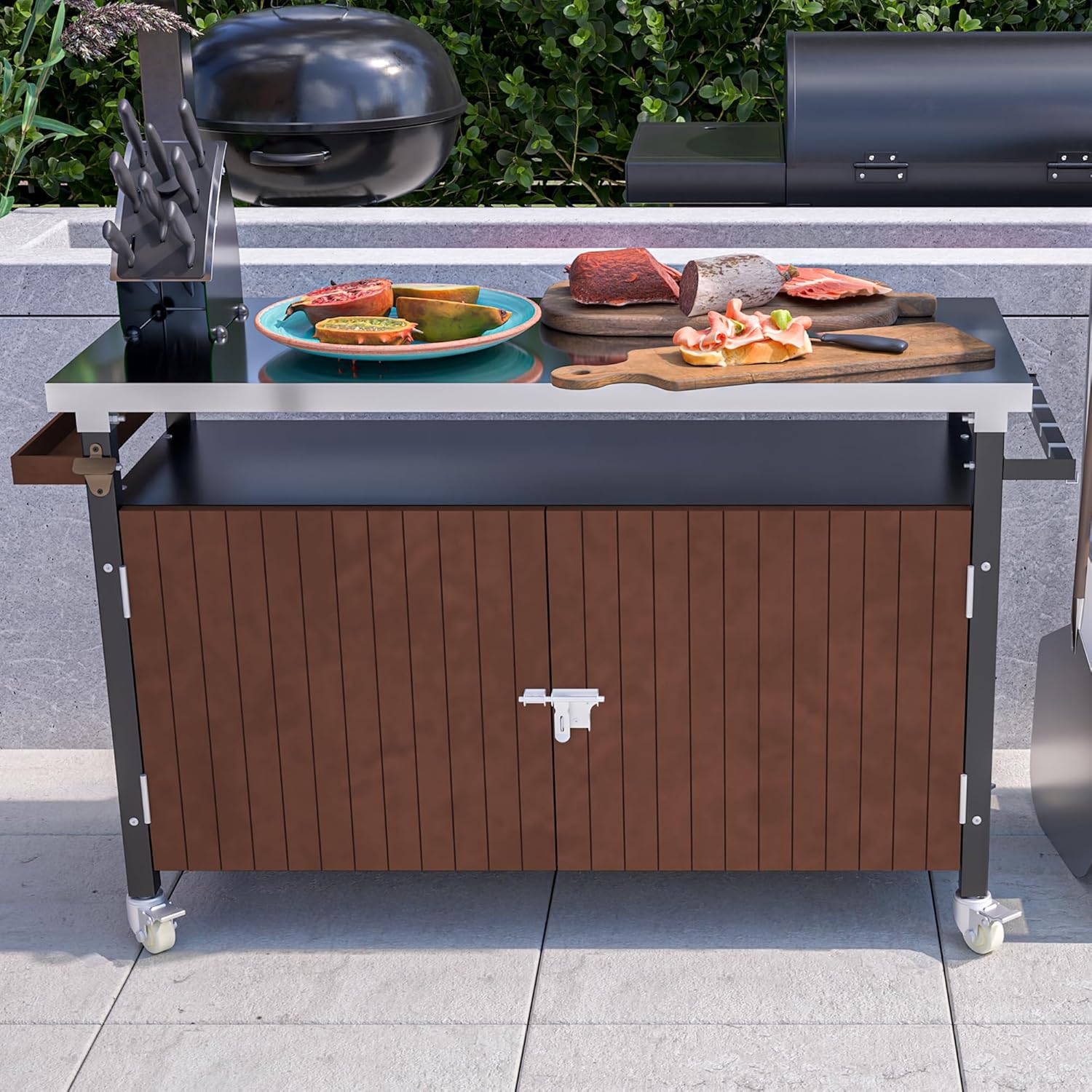 Grill Cart with Storage Outdoor, Rolling Bar Serving Cart with Wheels, Movable Food BBQ Prep Table Pizza Oven Stand with Stainless Steel Top & Wooden Storage Cabinet, Kitchen Island Cart