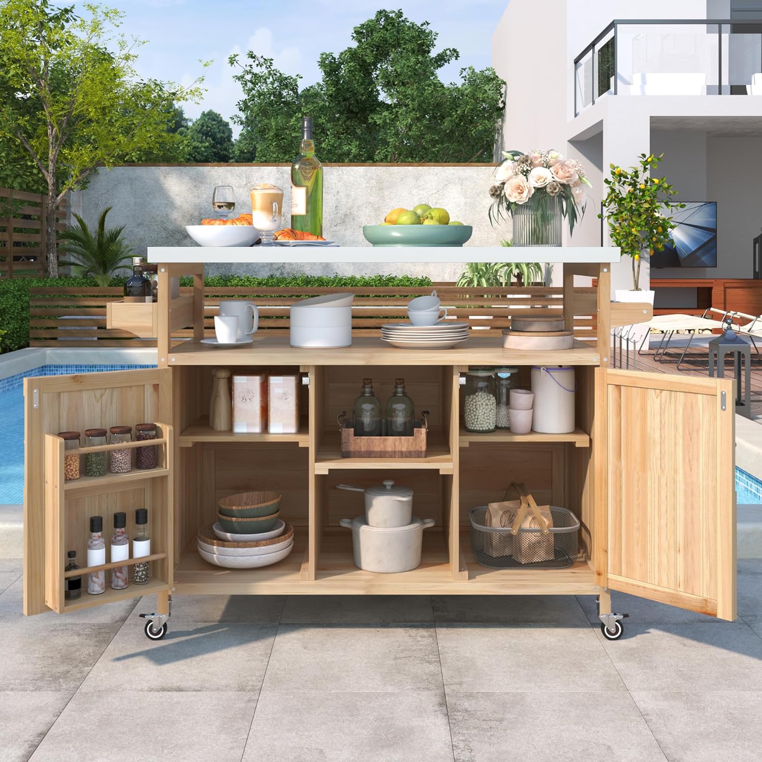 Grill Cart with Stainless Steel Tabletop - Outdoor Storage Cabinet for BBQ, Bar Patio Kitchen Island with Ample Storage and Lockable Wheels