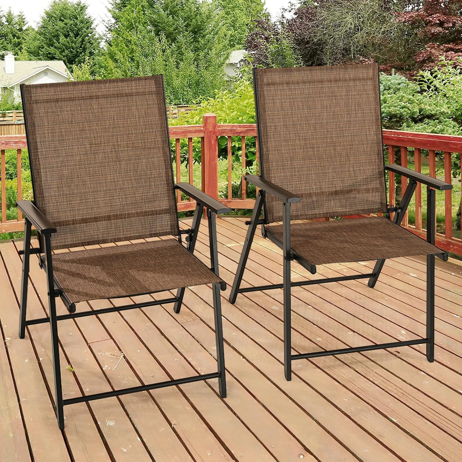 Patio Folding Chairs Set of 2, Outdoor Lawn Chairs with Rustproof Metal Frame, Portable Dining Chairs for Porch, Deck, Garden, Backyard, Camping（Brown）