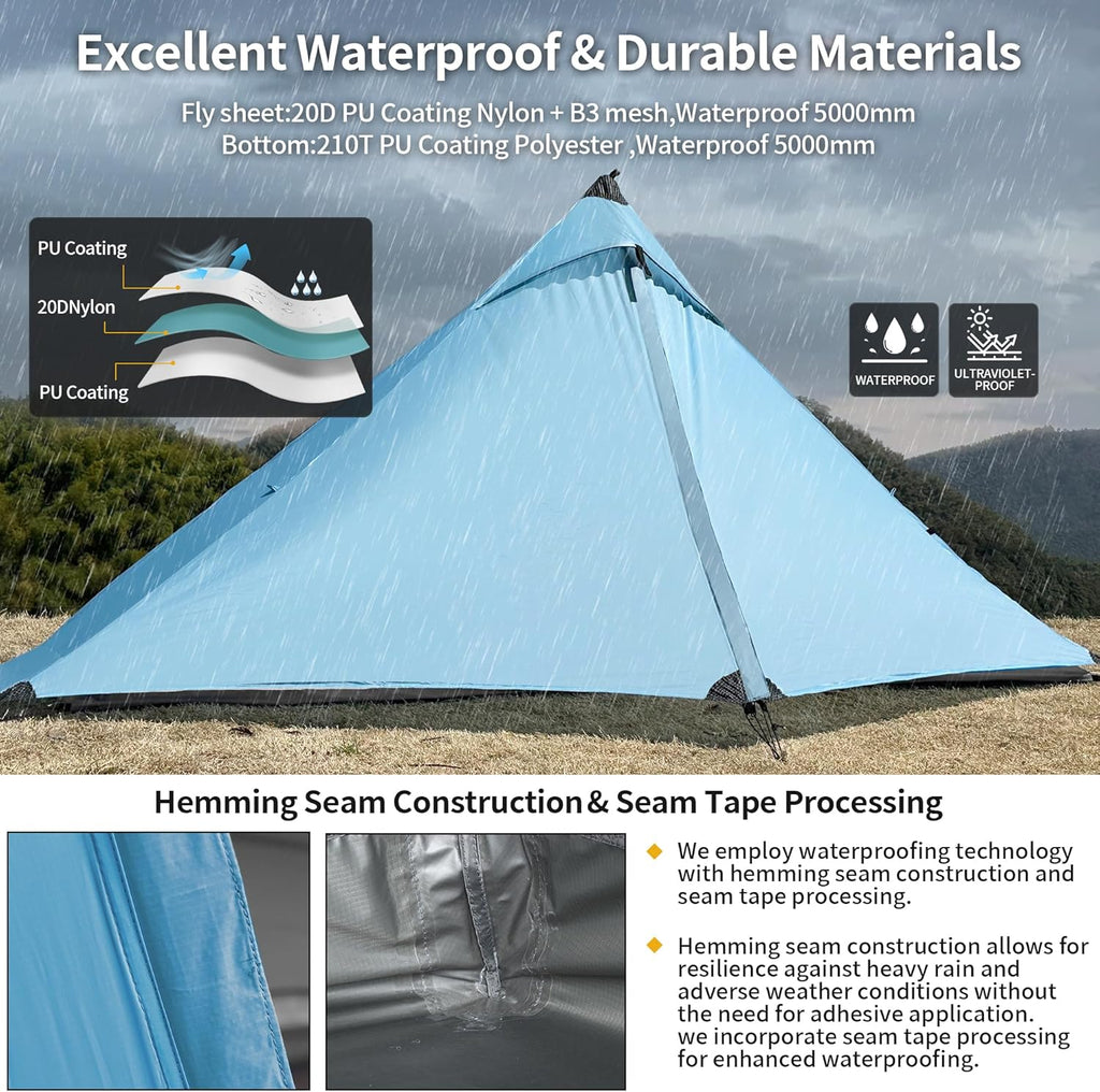 Ultralight,1 Person,Backpacking Camping Tent,Trekking Pole Tent,4-Season,Lightweight,Nylon,Waterproof 5000mm,Compact,Easy Setup,Portable,Shelter for Camping,Hiking,Climbing.