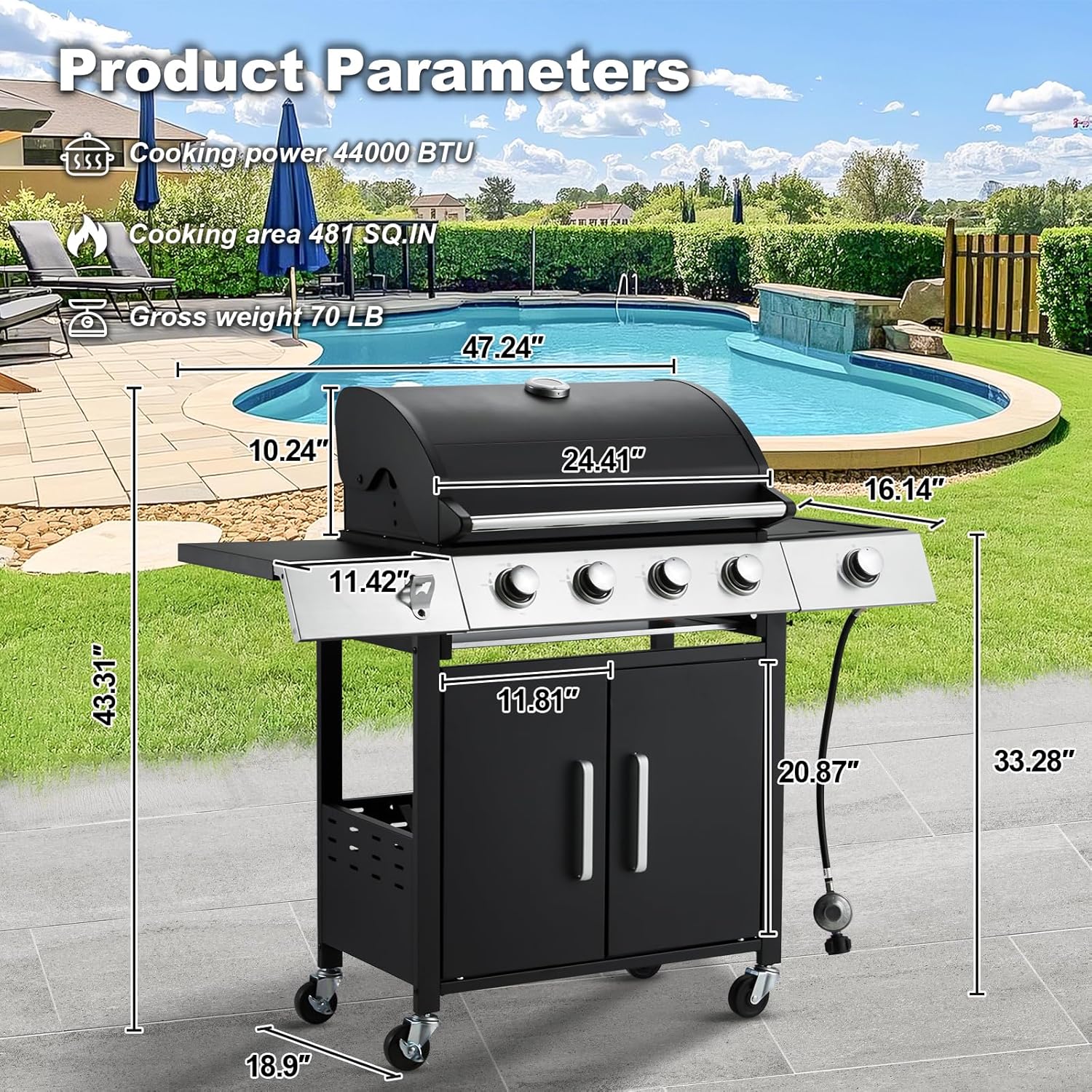 4 Burner BBQ Propane Gas Grill with Cast Iron Grates, 42,000 BTU Stainless Steel Burner Barbecue Grill for Patio,Camping,Outdoor Cooking