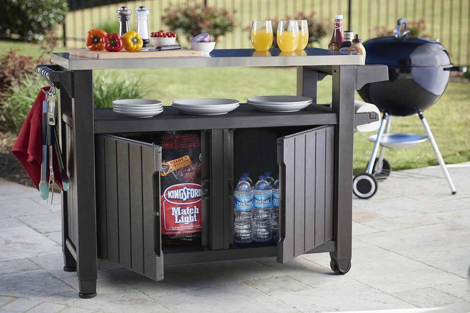 Outdoor Rolling Table Cart for Food Prep, Storage, Bar & Grill, Dark Brown